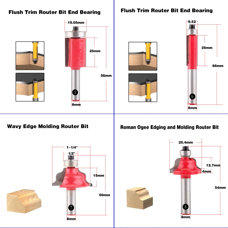 1 шт. 8 мм хвостовик древесины маршрутизатор бит прямой Концевая фреза триммер очистка заподлицо отделка угловая круглая бухта коробка биты инструменты фреза