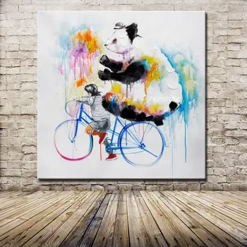 

No Framed Hand Painted Children Carrying The Giant Panda Animal Oil Painting On Canvas Wall Art For Living Room Home Decoration