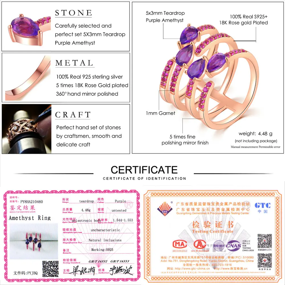 LAMOON Bridal Sets Ring 4 Pieces 100% Natural Amethyst Gemstone 925 Sterling Silver Rings for Women Party Fine Jewelry RI042