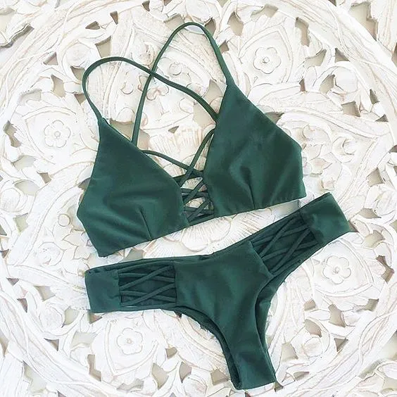 P&j 2017 Women Bandage Thong Brazilian Bikinis Swimwear Female Sexy Green Bandeau Push up Swimsuit Bikini Set Beachwear Biquini