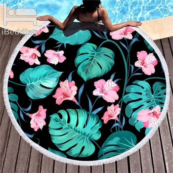 

Tropical Plants Printed Large Round Beach Towel For Adult Yoga Mats Microfiber With Tassels Thick 150cm Cloth Big Beach Towels