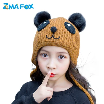 

ZMAFOX baby boys girls winter hats quality thick panda beanies caps soft fur pom poms children kids knitting beanie hat plaits