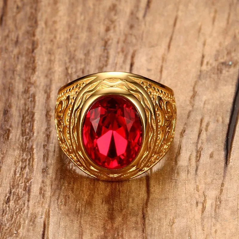 Elegant Round Bishop Mens Rings In Floral Design With Red Stone Ring for Men Stainless Steel Gold Tone Retro Jewelry Accessories