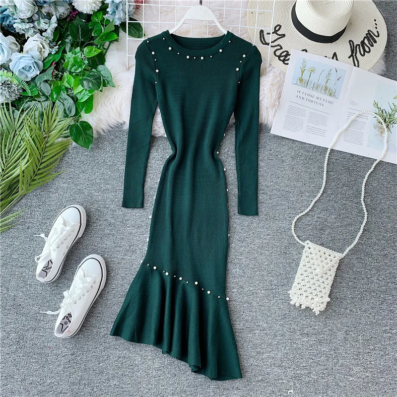 

Long Sleeve Women Beading Knitted Dress Autumn Winter Woman Stretchy Trumpet Knit Dresses Vestidoes