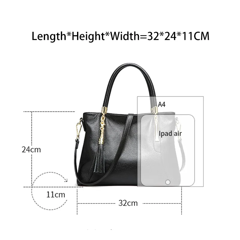 Zency натуральная кожа сумка-тоут классическая черная женская сумка через плечо с кисточкой модная вместительная Женская сумочка через плечо