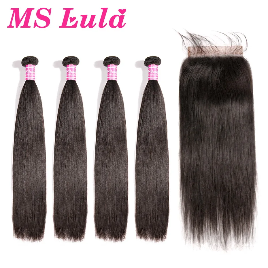 Ms Lula Hair Straight Brazilian 4 Bundles With 6x6 Lace Closure Remy