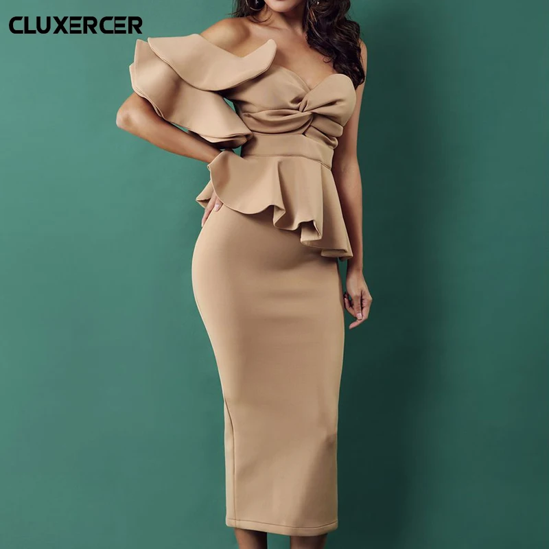 Fashion Women 2 Piece Sets Sexy Club Ruffles strapless Top + Bodycon Solid Pencil Skirt two piece set women conjunto feminino Fashion Women 2 Piece Sets Sexy Club Ruffles strapless Top + Bodycon Solid Pencil Skirt two piece set women conjunto feminino