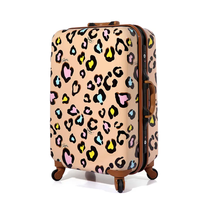 New Women Suitcase Aluminum Frame Multicolour Leopard Print font b Rolling b font font b Luggage