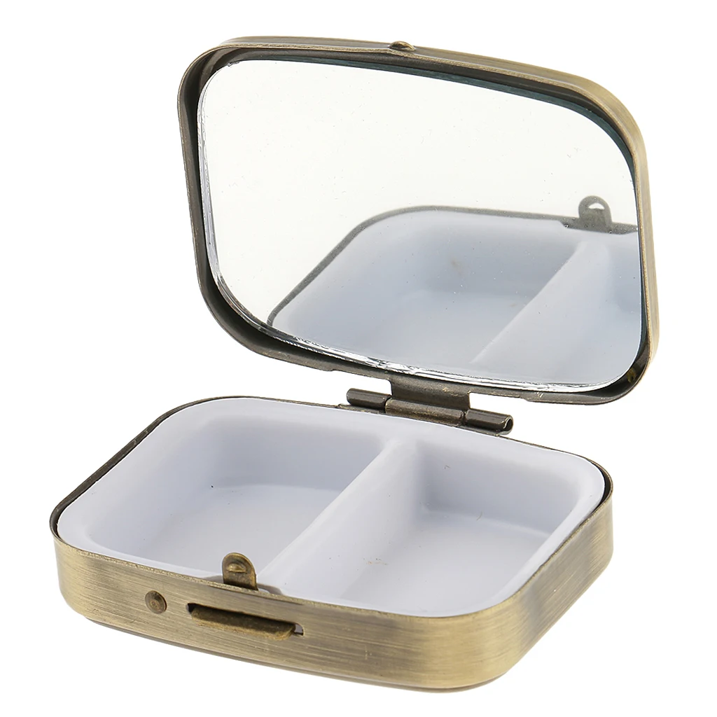 2 Compartments Travel Vitamin Organizer Medicine Tablet Box Trinket Earring Storage Case Container with Mirror
