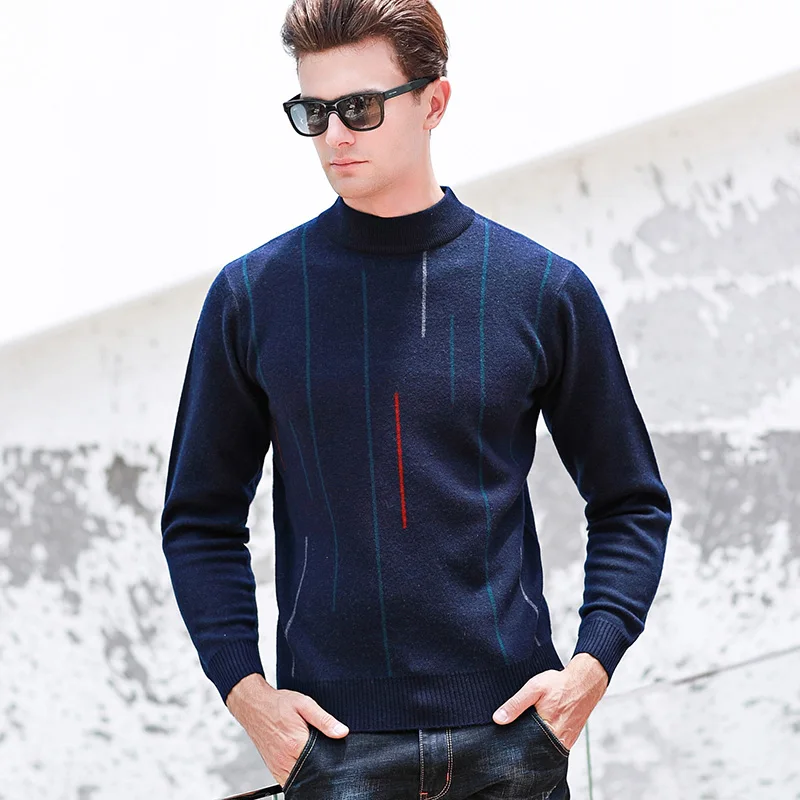 Шерсть пуловер с круглым вырезом Повседневный свитер зимний толстый теплый удобный вязаный шерстяной пуловер вертикальный свитер в полоску свитер - Цвет: Dark Blue