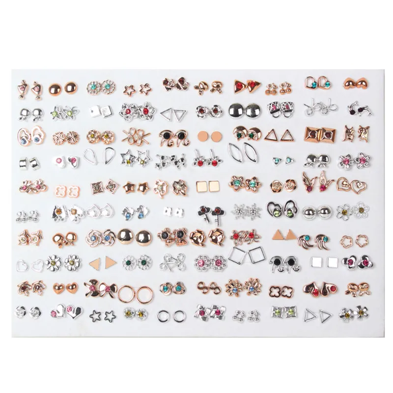 Мода 100 пар маленькие серьги-гвоздики наборы сердце геометрический микс Стиль детская серьга для девочек для женщин День рождения ювелирные изделия подарок - Окраска металла: E1532--A