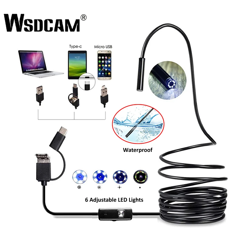 WSDCAM cámara endoscópica 3 en 1, 7MM, Mini videocámaras USB, IP67, impermeable, 6 LED, boroscopio, cámara de inspección para Windows, PC, Android|Cámaras de vigilancia| -