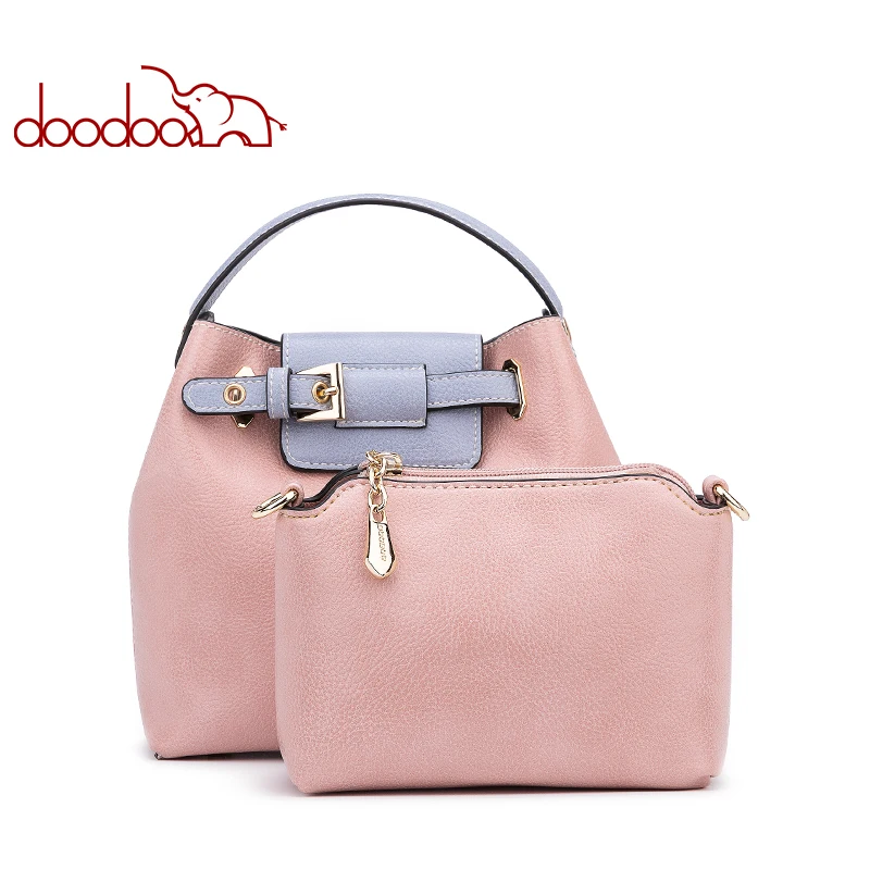 

DOODOO Female Pu Leather Decorative Belt Spell Color Top-handle Bag Women Handbag Tote Bucket Bag Female Shoulder Crossbody Bag