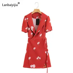 Lanbaiyijia новейшее женское платье с коротким рукавом с отложным воротником платья Женское Платье с принтом Лето Сбор талии пояса красное