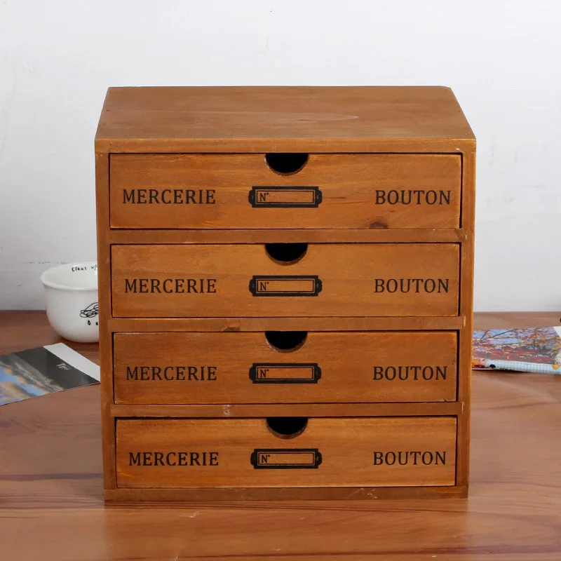 Wooden Storage Box 4 Layers Drawer Desk Retro Househpld Decor