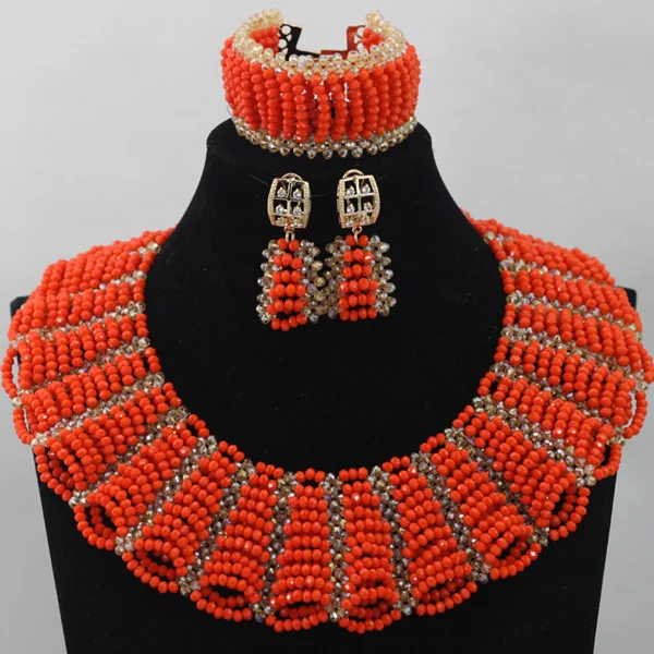 Chunky Orange Coral Bib Statement Jewelry Set Women Collar Necklace Beaded Set Costume African Jewellery Set Free ShippingABL723