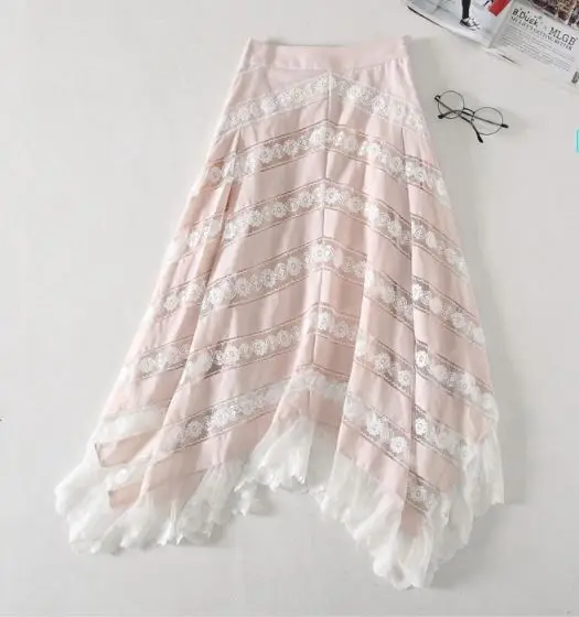 

Women Buff Unbridled Chevron Panel Skirt Asymmetrical Hemline With Lace Trimming Unbridled Satin And Lace Skirt