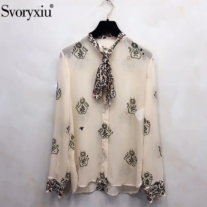 

Svoryxiu Designer High End Silk Blouse Shirt Women's Elegant Bow Collar Polka Dot Printed Office Lady Blouses Shirt Tops