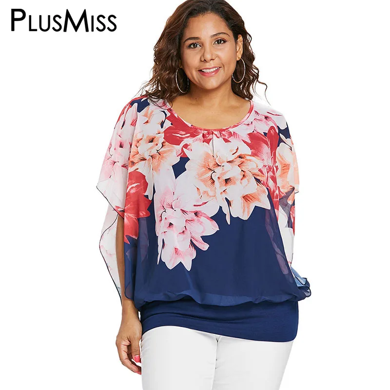 Najtaniej PlusMiss Plus Rozmiar Sexy Szyfonowa Mesh Floral Kwiat Drukuj Bluzka Kobiety XXXXL XXXL XXL Big Size Boho Loose Topy Kobiet blusas 5XL