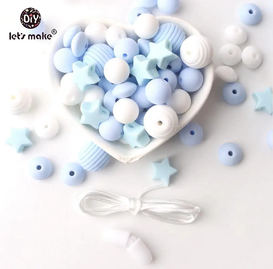 Silicone Beads 100pcs Screw Thread Carved Shaped Silicone Teether Beads Mini Star DIY Nursing Jewelry Accessories Beads Set - Цвет: blue silicone beads