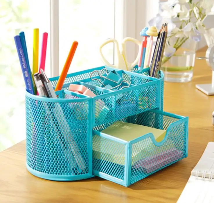 

2016 New Blue/Red/Green Stationery Desk Organizer 9 cells Metal Mesh Desktop Office Pen Pencil Holder Study Storage