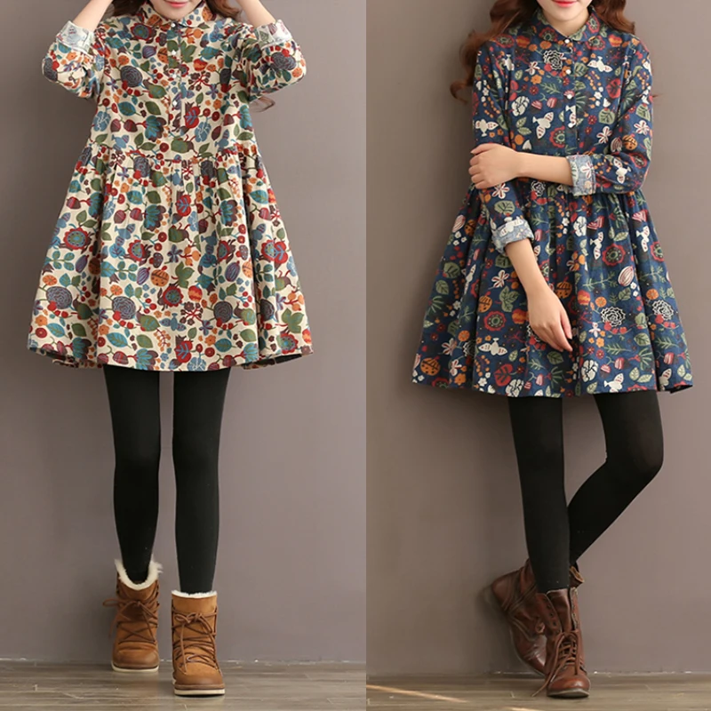 Skup Plus rozmiar Vintage, kobiety, jesień, sukienka, Casual, długi guzik na rękawie, kwiatowy, drukowany, klapa, plisowany, dół, kołnierz, sukienka koszulowa z guzikami