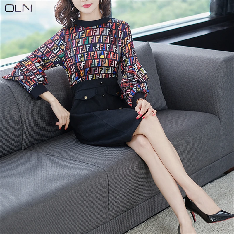 

Dress female 2019 spring new lotus leaf sleeve temperament fashion fake two-piece dress