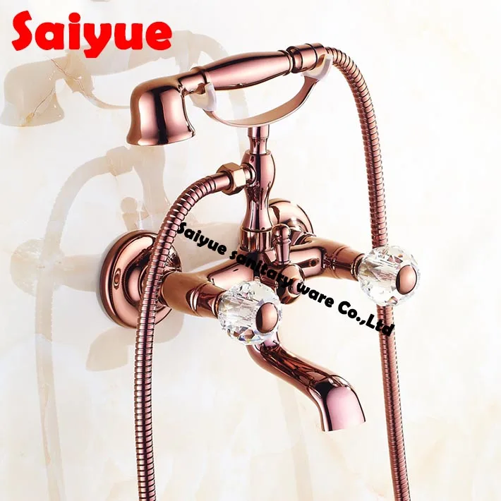 

Bathroom exposed bath & shower faucet set with fixed 360 degree rotatable spout telephone hand shower rose gold finishing