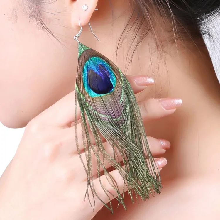 

QCOOLJLY Fashion Hot Selling New Style Assorted Color Peacock Natural Feather Earrings Wholesale Drop Earrings