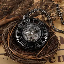 Уникальный римские цифры механические старинные карманные часы Бронзовый черный Скелет Полые шестерни стимпанк Fob цепи часы для коллекции