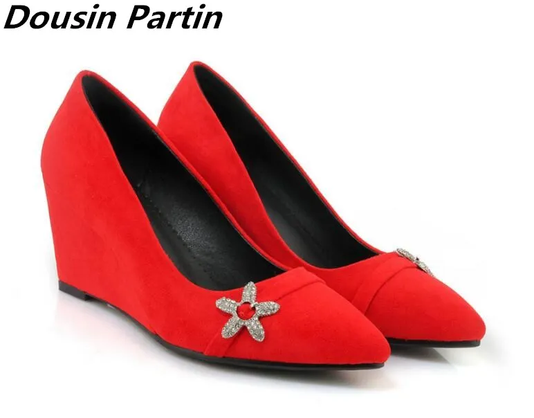 

Dousin Partin 4 Colors wedged shoes woman pointed Bonded leather rubber sole canvas slip On women office shoes woman pumps shoes