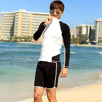 

Men's 2 piece set Black White Rashguards Shirt Trunks Sun Protection Swimsuit Men Long Sleeve Plus Size Beach Rashguard Swimwear