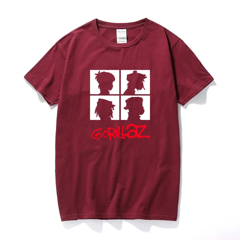 RAEEK/Летняя брендовая футболка с музыкальной группой gorillaz, хлопковые топы, мужские футболки с коротким рукавом для мальчиков, повседневная мужская футболка, модная - Цвет: Бургундия