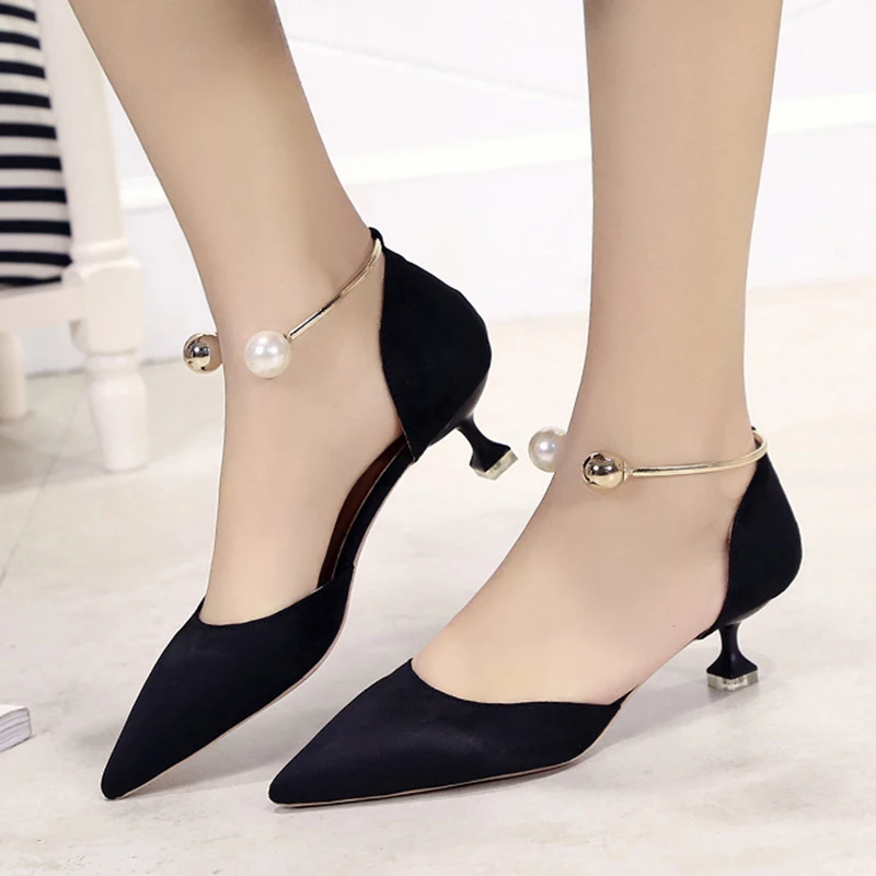 

Summer Style Women Bead Ankle Strap Pumps Two Piece Medium Heels Shoes Sandals Metal Strap Woman Shoes zapatos mujer 6271