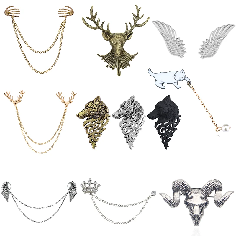 Vintage Angel Wings Deer Wolf Cat Brooch Pin For Women Multiple Layers Chain Crown Skull Head Brooches Shirt Collar Pins Broches