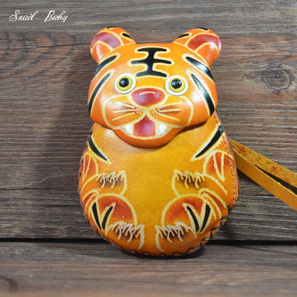 

Handmade wallet genuine leather bag cartoon animal mini bag Zodiac tiger coin purse bag cowhide