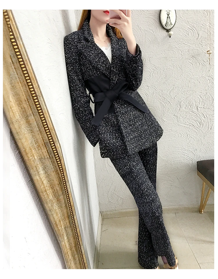 Высококачественный шерстяной костюм женский осенне-зимний новый корейский модный темпераментный повседневный костюм со шнуровкой
