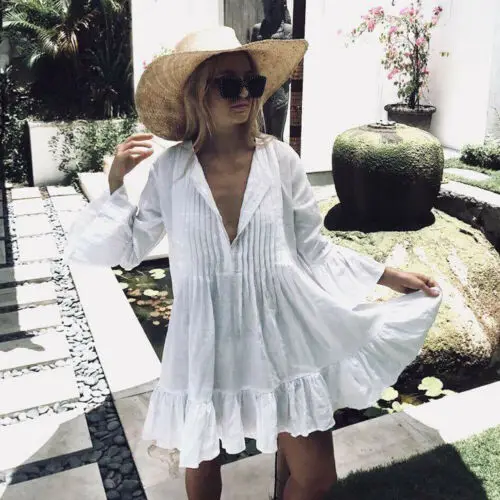 

Fashion Women Bathing Swimwear Summer Casual Beach Dress Ladies Long Sleeve Casual Solid Loose Mini Dresses Female Clothing