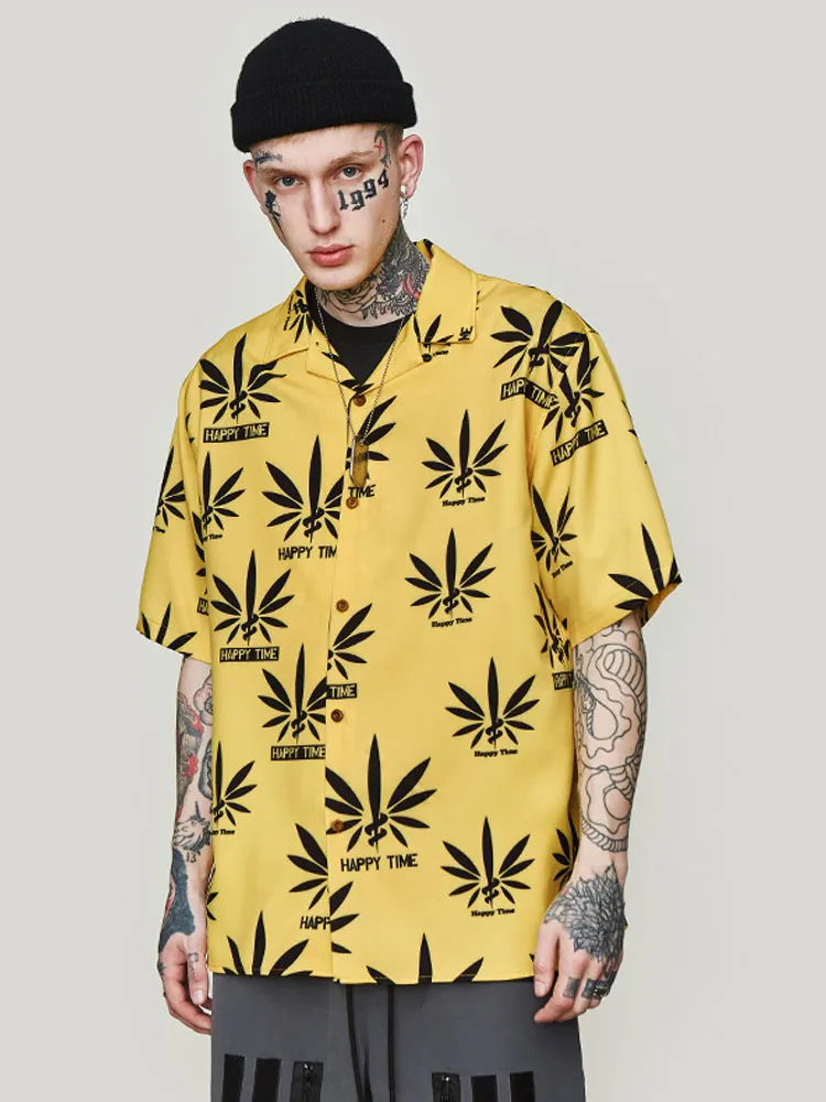 

Short vintage linen full version print lapel yellow loose men's shirt