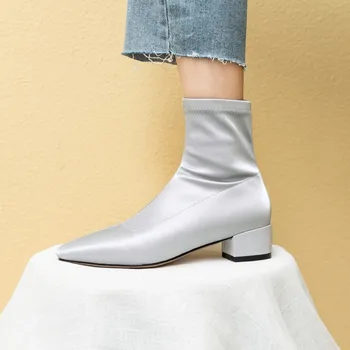 

GPOKHDS 2020 women ankle boots Stretch Fabric zippers winter short plush square toe high heels female boots size 34-43