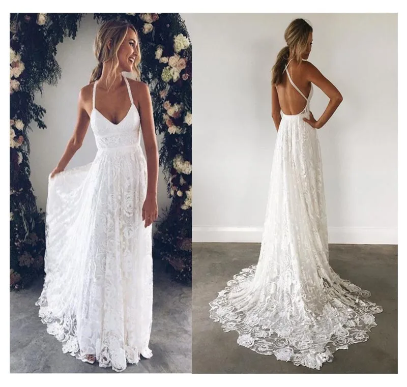 Lorie Halter Lace Beach Wedding Dress 2019 Elegant A Line Backless ...