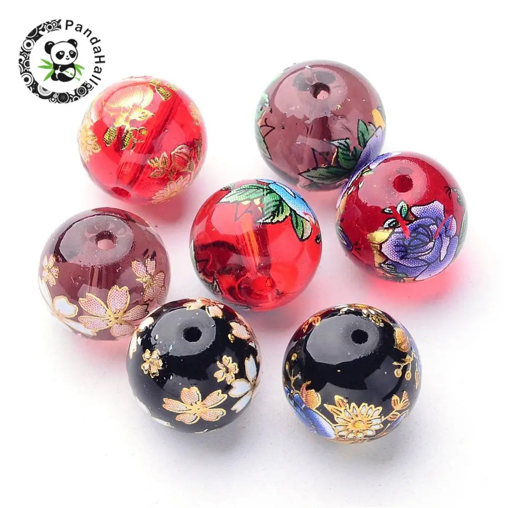 

Mixed Flower Picture Printed Glass Round Beads, Mixed Color, 12mm, Hole: 1.5mm