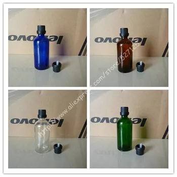 

100ml shiny clear/green/brown/blue glass bottle with black anti-theft plastic screw cap,essential oil bottle.