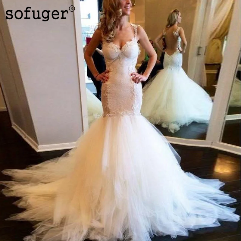 

Mermaid Sexy Tulle Court Train Dress Sweetheart Backless Straps Vestidos De Noivas Custom Wedding Bridal Dress