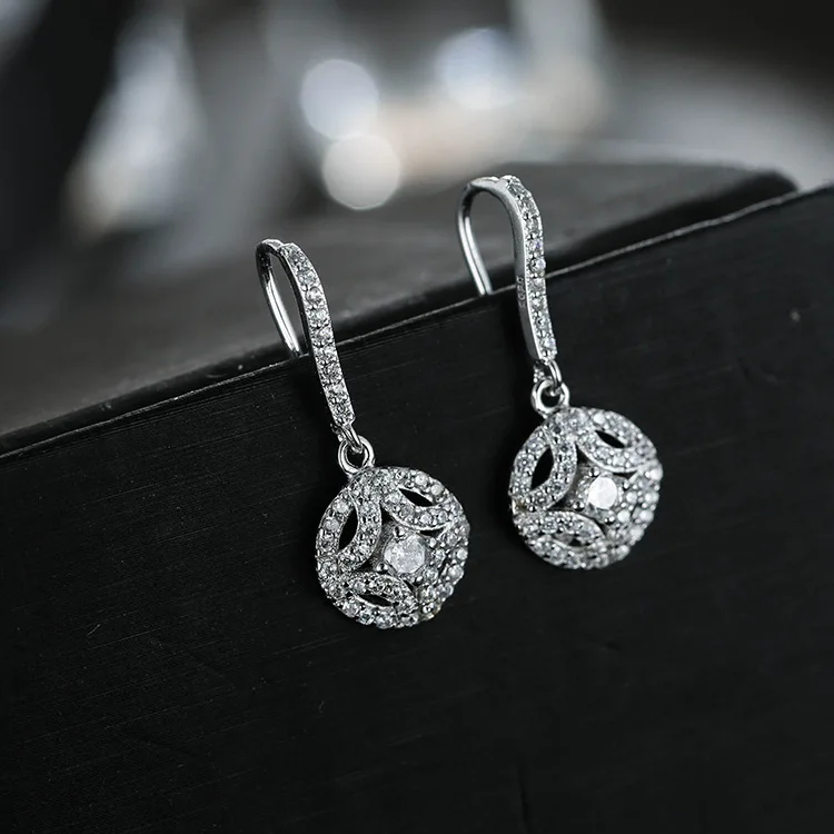 Image Fashion 925 Sterling Silver Round With Full Zircon Crystal Drop Earrings Tassel Earrings Jewelry Wholesale Free Shipping