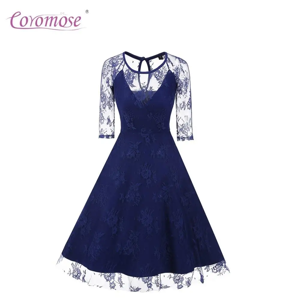 Coromose Woman Vintage Floral Lace Swing Dress Net Three Quarter Sleeve Formal Sexy Solid Scoop Neck A-Line Knee Bridesmaid FO | Женская