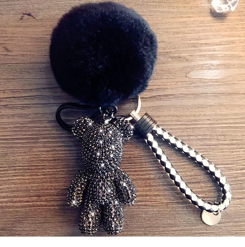 

2018 All Rhinestone Bomgom Bear Keychains Handmade Gloomy Bears Key Ring Holder Car Fluffy Pompoms 8cm Rabbit Fur Ball Key Chain