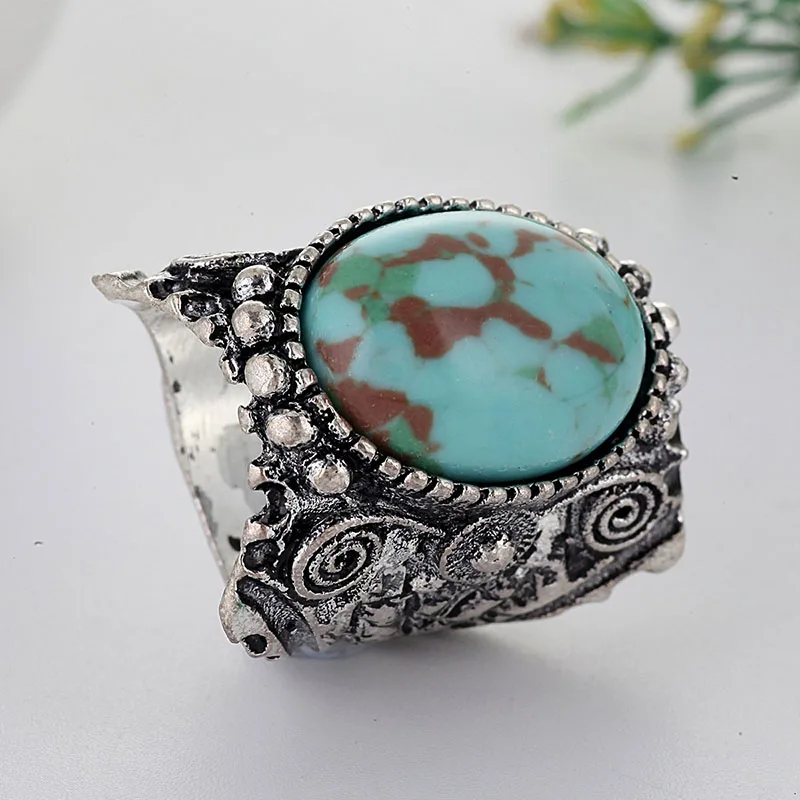 Богемные большие овальные натуральные кольца с синим камнем для мужчин и женщин турецкое резное античное серебро узор кольцо на палец Z5X748