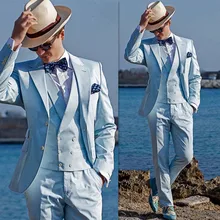 Модные привлекательные мужские костюмы голубого цвета с отворотами и двумя пуговицами смокинги Custome мужской блейзер(куртка+ штаны+ галстук-бабочка+ жилет+ носовые платки