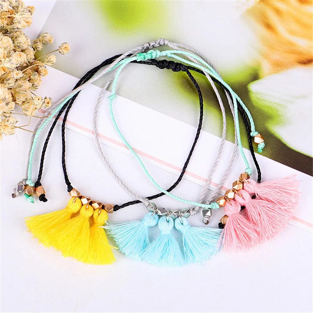 MLING Vintage Multicolor Adjustable Rope Chain Anklet Bohemian Tassel Anklet For Women